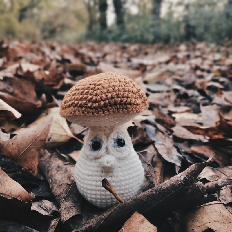 Kompaktes gehäkeltes Pilz-Amigurumi mit braunem Hut auf Laub