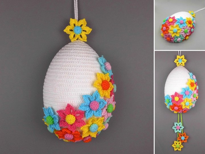 Türdeko großes Osterei mit bunten Blumen - einfach aus Wollresten