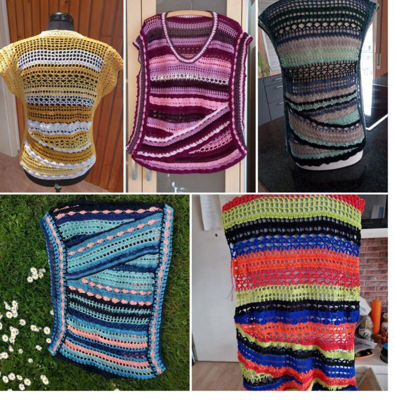 Collage aus fünf gehäkelten Damen-Tunikas mit Streifen- und Ajourmustern in verschiedenen Farben