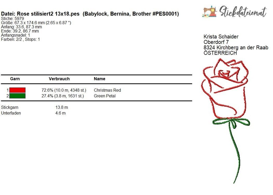 Rosen Stickdatei, Blumen Stickmuster, Romantische Stickvorlage - Bild 3