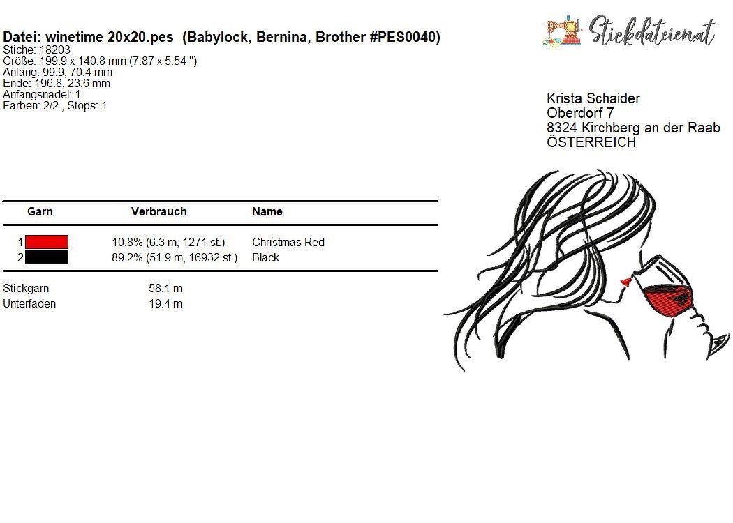 Weinglas Stickdatei, Wein Applikation, Weinmotiv Stickmuster in 2 Größen
