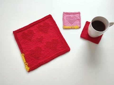 Easy Heart Dishcloth and Heart Coaster - Knitting Pattern Set