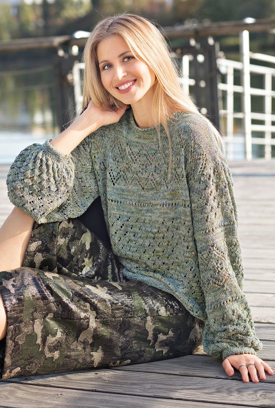 Gestrickter grüner Mustermixpulli mit leichten Ballonärmeln - Bild 4