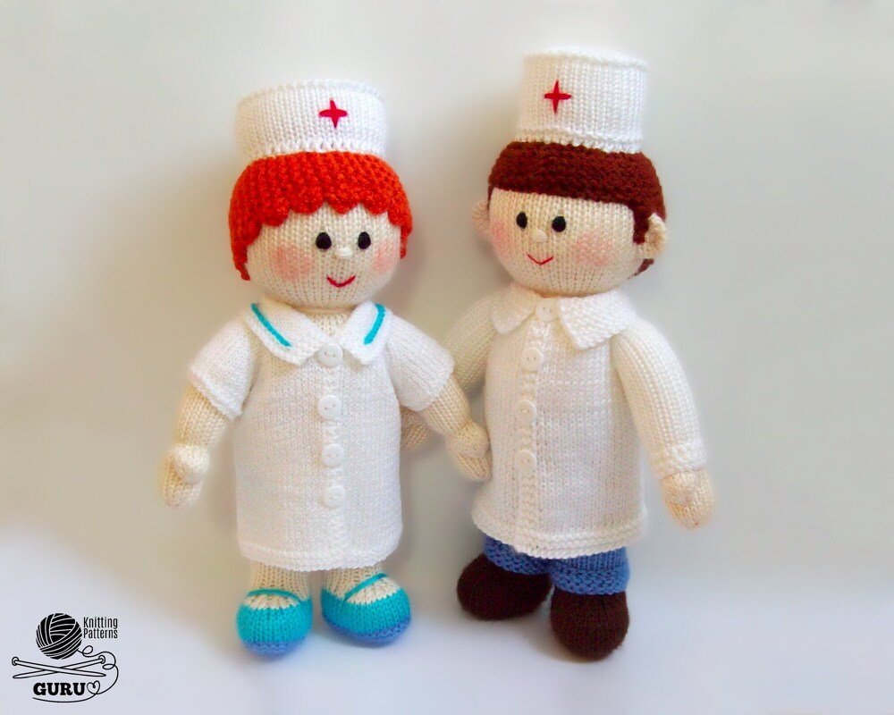 K089 Knitting Pattern - Doll Doctor and a Nurse with clothes and 1 hat - Image 2
