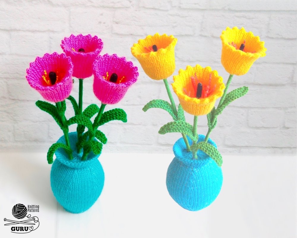 K087 Knitting Pattern - Bunch of Tulip Flower in a vase. Window, home decor - Image 5