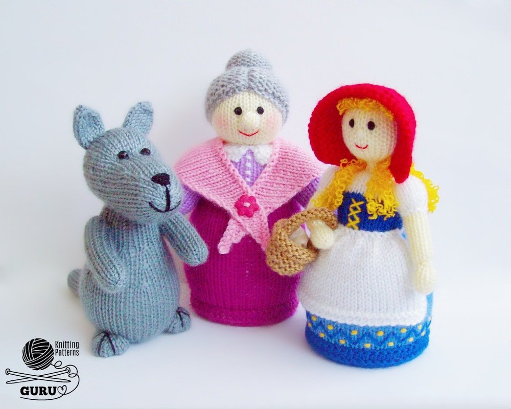 K085 Knitting Pattern - 4 toys set: Doll Girl, Grandpa, Grandma, wolf
