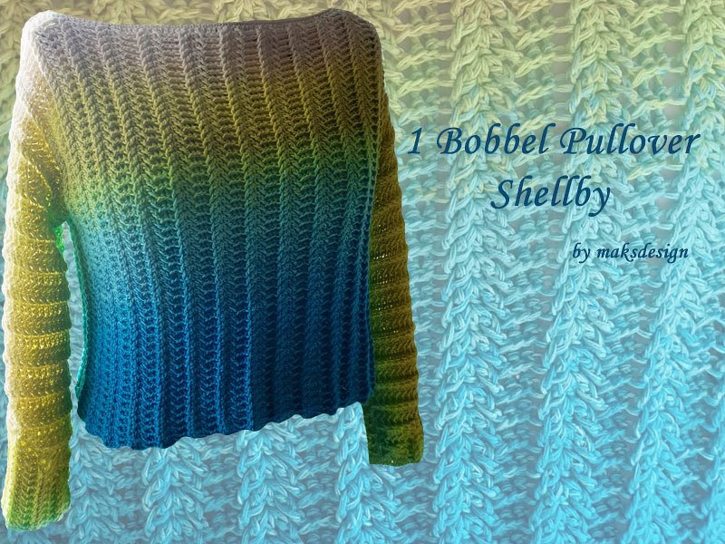 Gehäkelter Damenpullover mit Farbverlauf von Gelbgrün zu Blau und vertikaler Rippenstruktur