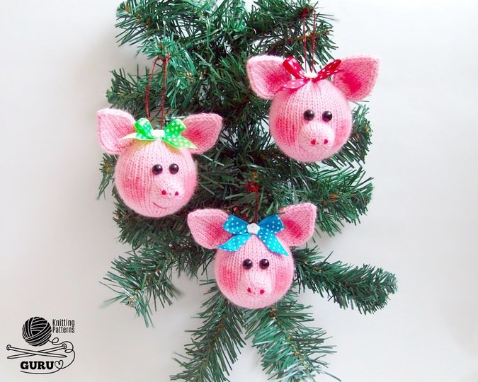 K079 Knitting Pattern - Christmas tree baubles or decoration Pigs Amigurumi
