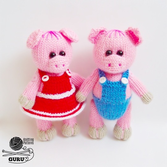 K061 Knitting Pattern - Pig the Girl and Pig the Boy Knitted soft toys Ami