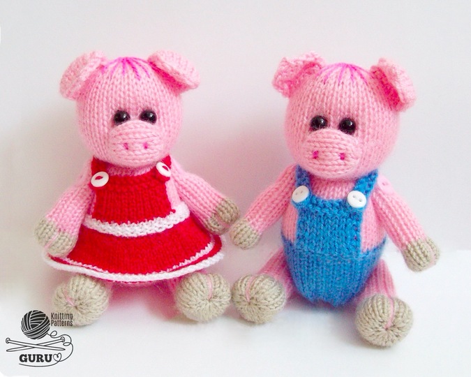 K061 Knitting Pattern - Pig the Girl and Pig the Boy Knitted soft toys Ami