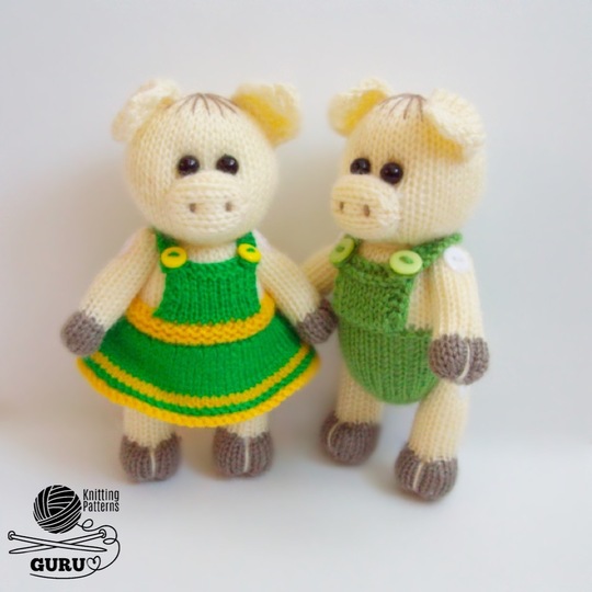 K061 Knitting Pattern - Pig the Girl and Pig the Boy Knitted soft toys Ami