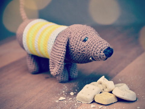 Häkelanleitung Dagobert Dackel. Kuscheltier Hund mit buntem Pullover.