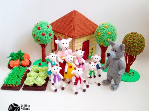K054 Knitted Fairy Tale The Wolf and Seven Little Goats full set Trees Vegi