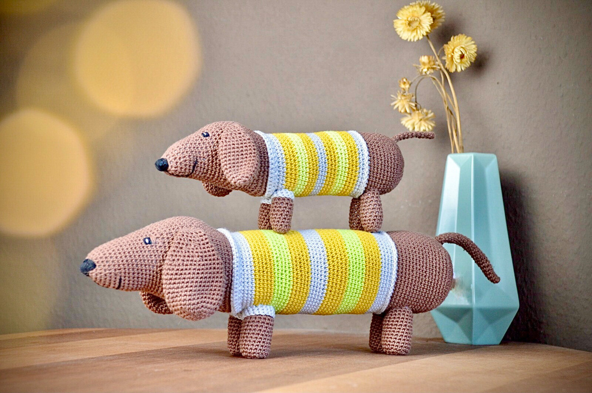 Häkelanleitung Spieluhr Dackel. Für Musikdose zum aufziehen. Großer Hund.