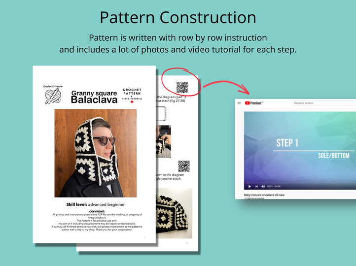 Granny square balaclava crochet pattern, handmade wool hood scoodie