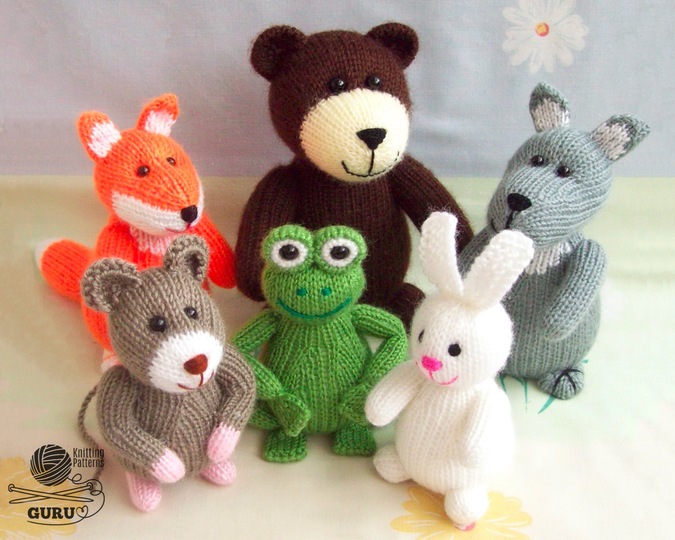 K048 Bear, Fox, Wolf, Frog, Rabbit, Mouse 6 soft toys knitted animals
