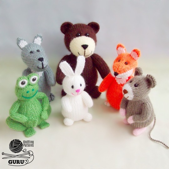 K048 Bear, Fox, Wolf, Frog, Rabbit, Mouse 6 soft toys knitted animals
