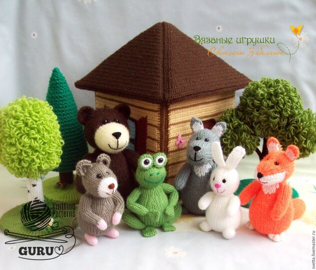 K048 Bear, Fox, Wolf, Frog, Rabbit, Mouse 6 soft toys knitted animals