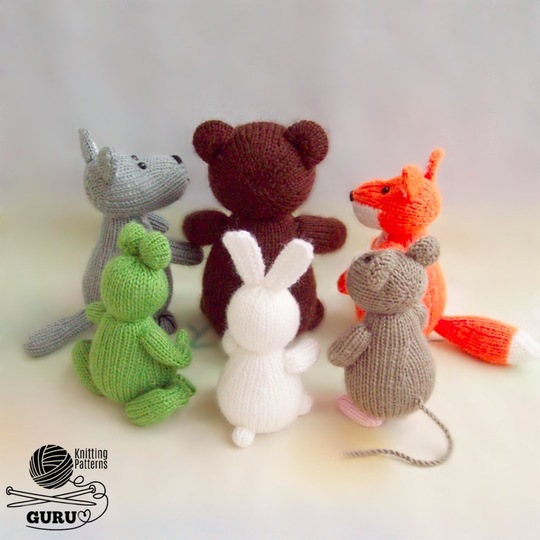K048 Bear, Fox, Wolf, Frog, Rabbit, Mouse 6 soft toys knitted animals