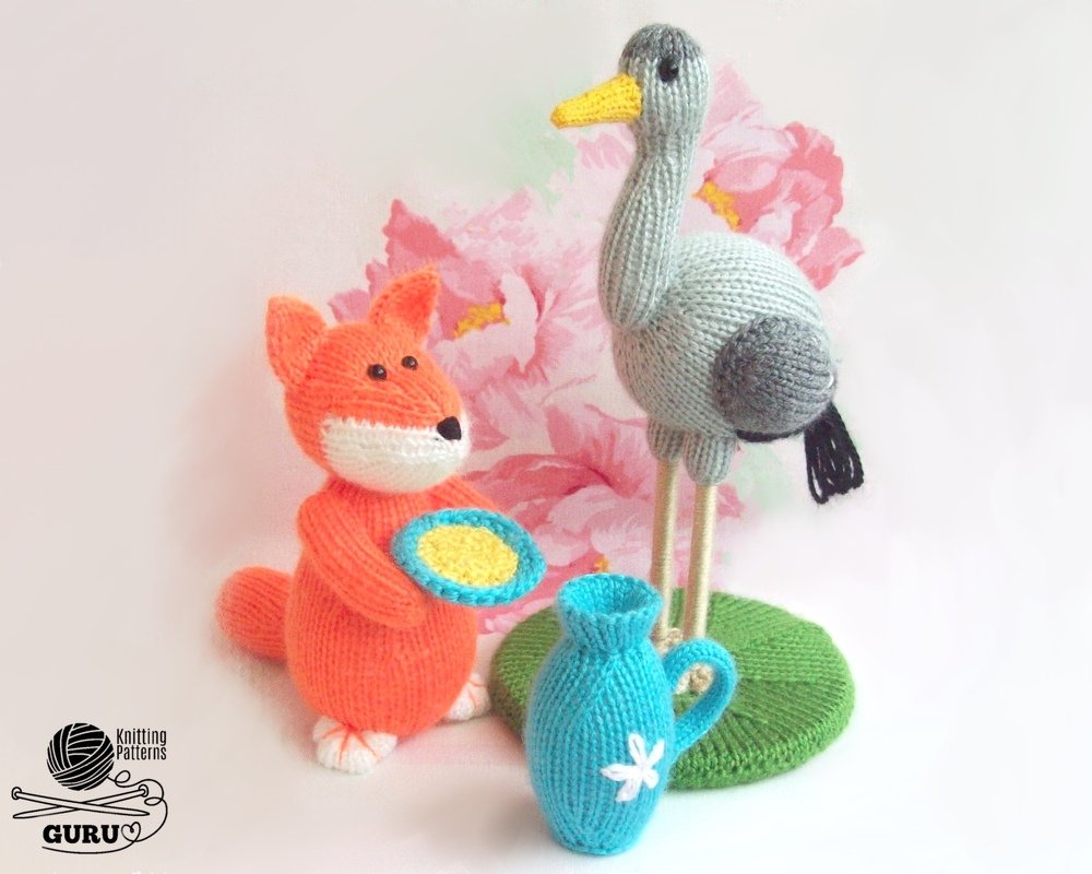 K045 Fox, Crane, jug, pot, bow, plate Knitted Fairy Tale Amigurumi animal