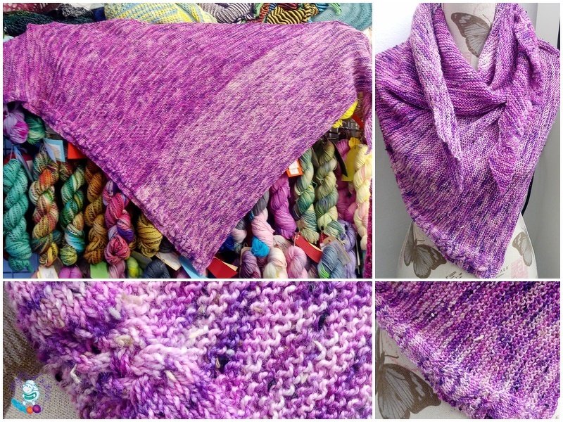 Nahaufnahmen der Maschenstruktur und Farbnuancen eines gestrickten lilafarbenen Dreieckstuchs