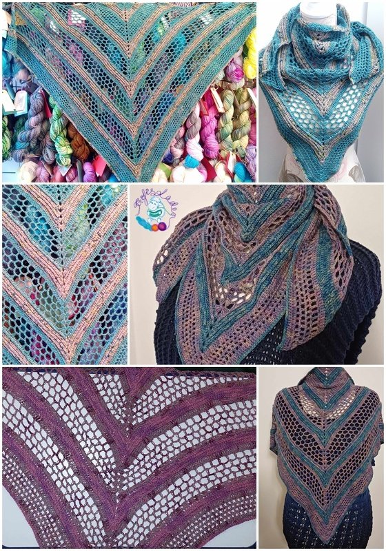 Nahaufnahmen und Trageansichten eines gehäkelten Dreieckstuchs in Türkis-, Beige- und Violetttönen mit Streifen- und Lochmustern.