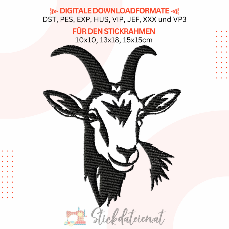 Ziegenkopf Stickdatei, Ziege Stickmuster, Tier Stickdesign, Bauernhof Stick
