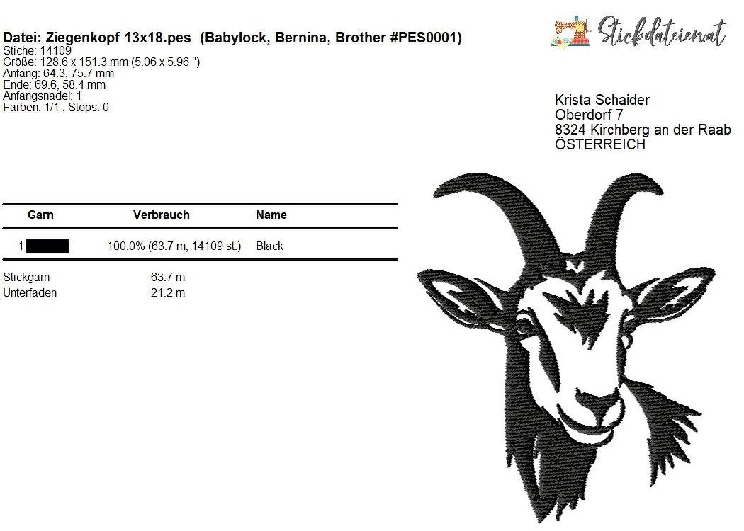 Ziegenkopf Stickdatei, Ziege Stickmuster, Tier Stickdesign, Bauernhof Stick - Bild 4