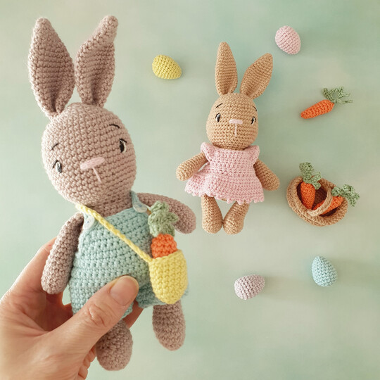 Bunnies "Polly & Paul" with Easter accessories - crochet pattern PDF
