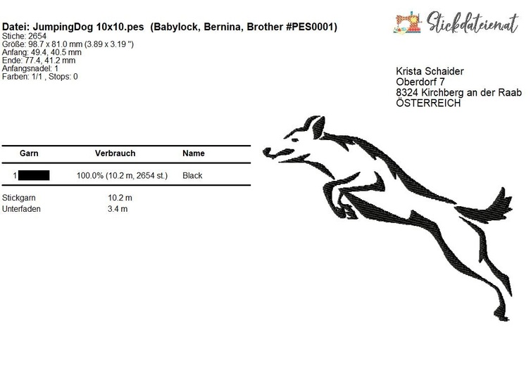 Hund Stickdatei, springender Hund Stickmuster, digitale Stickvorlage