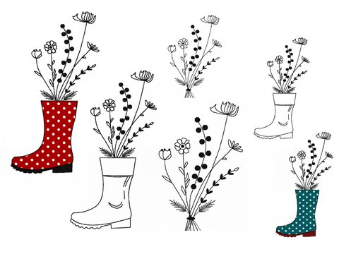 Stickdatei Blumen im Stiefel, LineArt, Redwork, Blumen solo, zwei Größen, 6