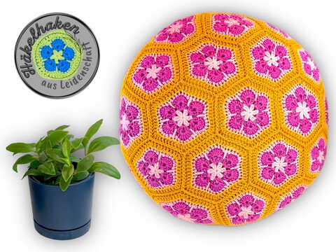 Häkelanleitung für ein rundes Kissen mit African Flowers Größe M