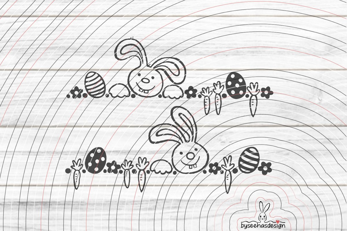 Zwei Reihen schwarz-weiße Oster-Plottermotive mit Hasen, Eiern, Karotten und Blumen