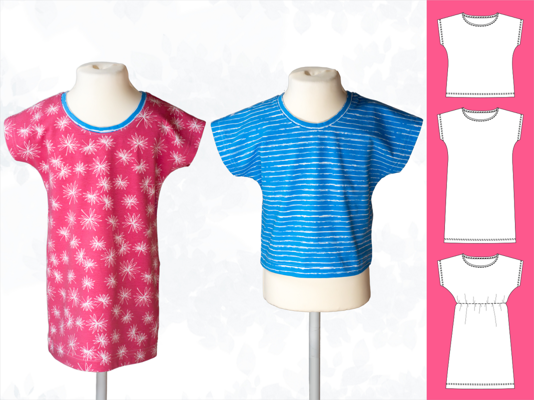 Zwei Kinder‑Shirts auf Schaufensterpuppen (pink mit Blumenmuster, blau gestreift) neben technischen Zeichnungen der drei Schnittvarianten.