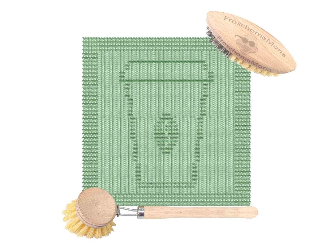 Quadratisches mintgrünes gestricktes Spültuch mit mittigem To-go-Becher-Motiv und gerippter Bordüre
