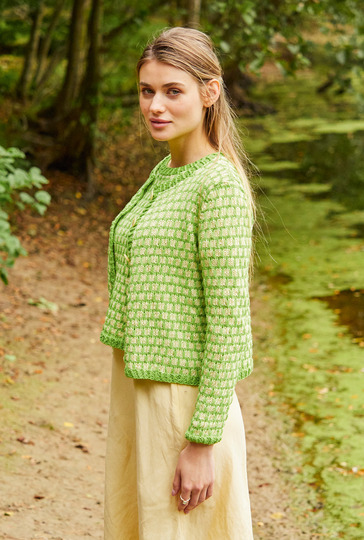 Twinset mit Hebemaschenmuster in Gelb und Grün