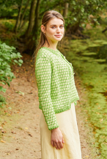 Twinset mit Hebemaschenmuster in Gelb und Grün