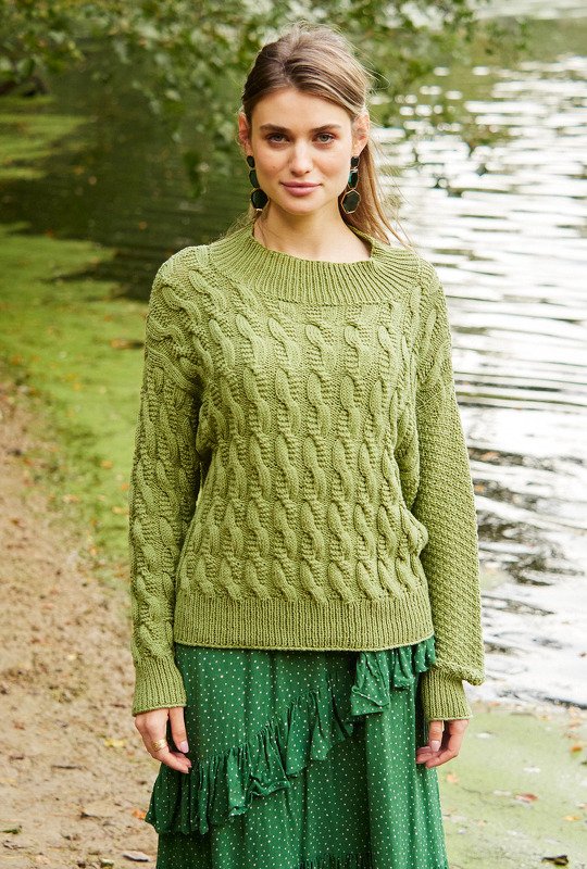 Moosgrüner Pulli mit Zopf- und Schachbrettmuster - Bild 5