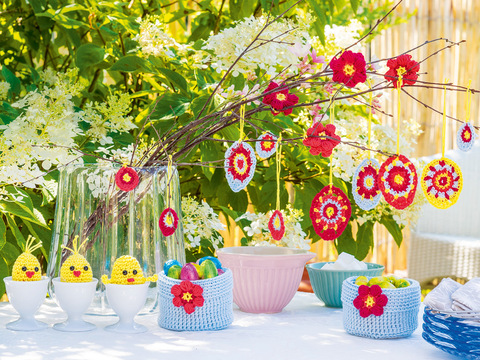 4teiliges Osterdeko-Häkel-Set mit Eiern, Küken, Blumen und Geschenkschale
