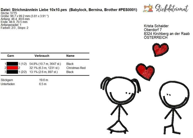 Verliebte Strichmännchen Stickdatei, Liebe Stickmuster 10x10