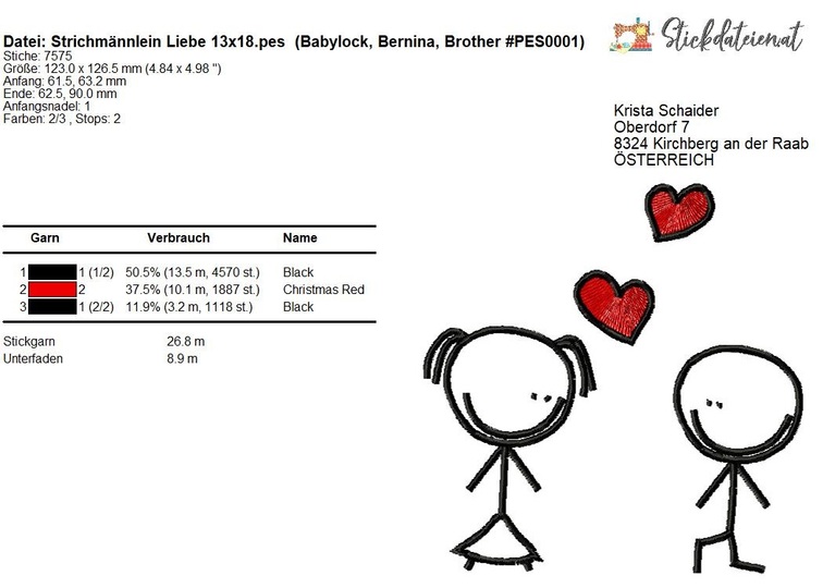 Verliebte Strichmännchen Stickdatei, Liebe Stickmuster 10x10