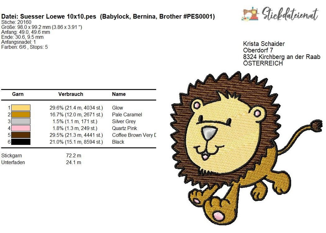 Süßer Löwe Stickdatei, Niedlicher Löwe Stickmuster 10x10, Löwen Stickdesign - Bild 2