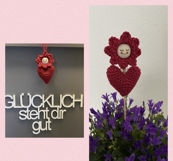 Häkelanleitung Herzblümchen Valentin als Taschenbaumler oder Blumenstecker
