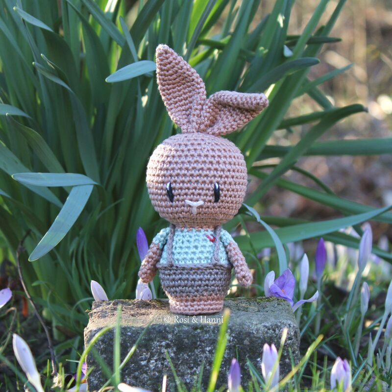 Gehäkelter brauner Amigurumi-Hase mit blauem Oberteil und brauner Latzhose auf einem Stein zwischen grünen Pflanzen und lila Krokussen.
