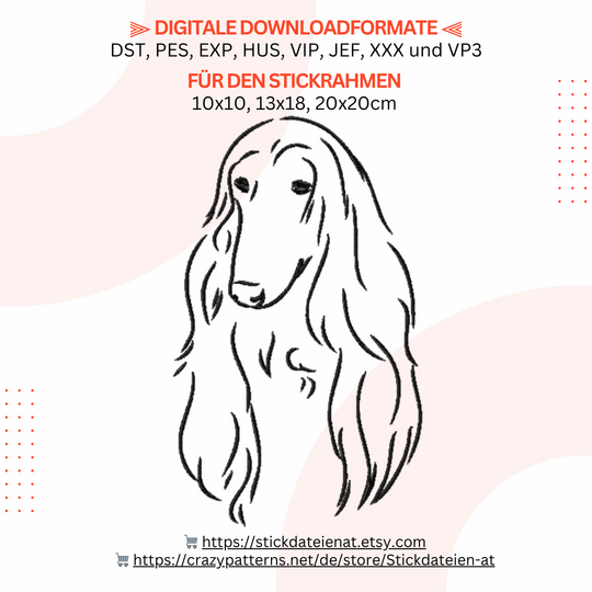 Afghanischer Windhund Stickdatei, Windhund Stickmuster in 3 Größen