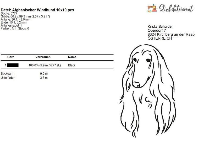 Afghanischer Windhund Stickdatei, Windhund Stickmuster in 3 Größen