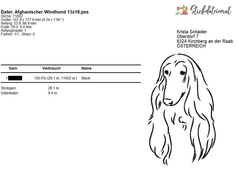 Afghanischer Windhund Stickdatei, Windhund Stickmuster in 3 Größen