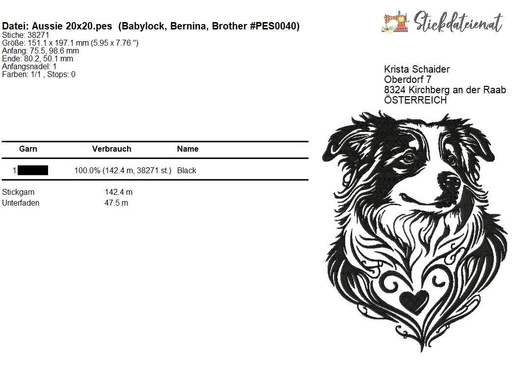 Australian Shepherd Stickdatei, Hütehund Stickmuster, Hund Stickdesign - Bild 4