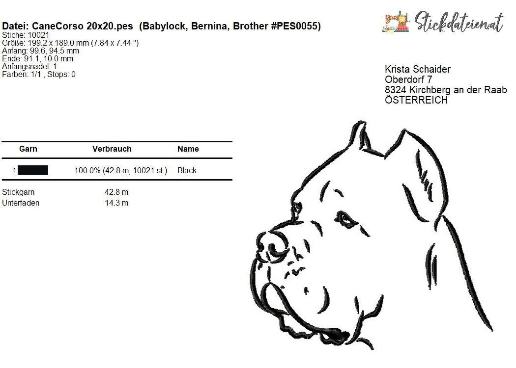 Cane Corso Stickdatei, Cane Corso Stickmuster, Hunde Stickdesign in 3 Größe - Bild 2