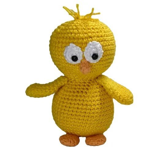 Gehäkeltes gelbes Amigurumi-Küken mit weißen Augen und orangen Füßen